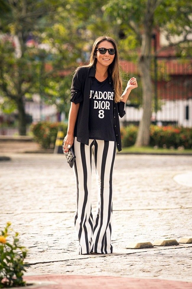 look calca listrada 11 Preto e branco na calça listrada: clássico e ousado