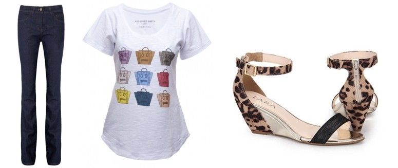 Calça jeans flare por R$79,90 na Dafiti | T-shirt por R$50 na The Boutique | Sandália por R$79,99 na Passarela