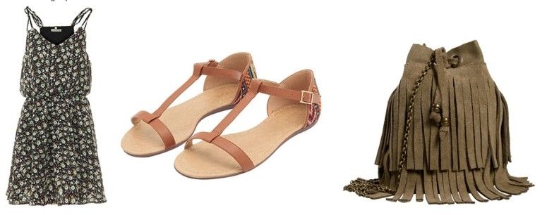 Vestido por R$99,99 na Passarela | Rasteira por R$119 na O q vestir | Bolsa saco por R$109 na Amo Muito