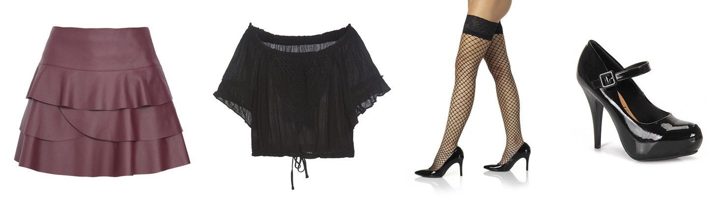 Saia de babado Market 33 por R$119 na Oqvestir | Bata preta Manacá por R$132 na Style Market | Meia arrastão 7/8 por R$40,50 na Lupo | Sapato preto Vizzano por R$119,99 na Passarela
