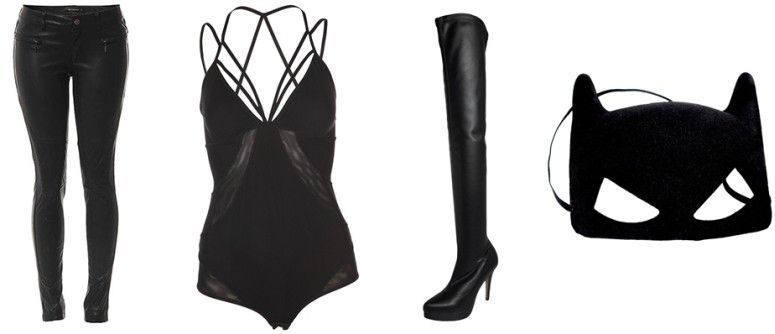 Calça de couro preta Mooncity por R$79,99 na Passarela | Body preto Giuliana Romano por R$737 na Shop2gether | Bota cano longo Santa Lolla por R$341,99 na Dafiti | Máscara da mulher gato por R$12 na Anima Fest