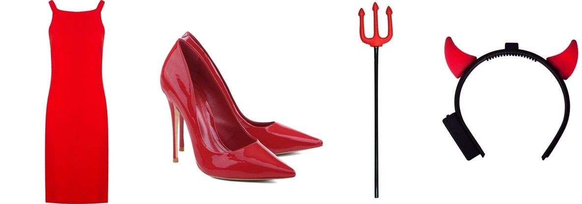 Vestido vermelho alcaçuz por R$990 na Farfetch | Scarpin vermelho por R$350 na Schutz | Tridente por R$14,90 na Abrakadabra | Tiara de diabinho por R$4 na Badulake Festas