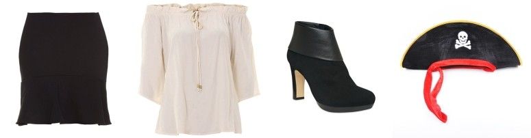 Saia preta Juju Costa por R$297,50 na Gallerist | Blusa ombro a ombro Brenda Lee por R$49,99 na Passarela | Bota cano curto por R$339 na Corello | Chapéu de pirata por R$9,90 na Center Aviamentos