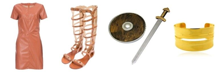 Vestido de couro por R$169,90 na Amaro | Sandália gladiadora Schutz por R$590 na Oqvestir | Espada e escudo por R$29,90 na Abrakadabra | Bracelete dourado por R$19,90 na Bijoulux