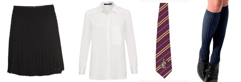 Saia preta Aftercolor por R$188,10 na E-Closet | Camisa branca Shoulder por R$239 na Shop2gether | Gravata Grifinória por R$139,90 na Varinha | Meia 3/4 Trifil por R$9,30 na Lingerie