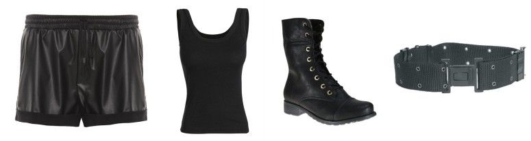 Shorts de couro preto por R$42,60 na Izasoler | Regata preta Queima Estoque por R$14,99 na Posthaus | Coturno Vibaice por R$89,90 na Katy | Cinto para armas por R$55,80 na Pantanal Sports