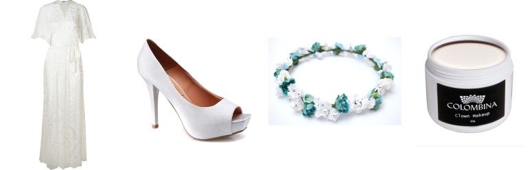 Vestido branco Helo Rocha por R$2.670 na Farfetch | Sapato branco Vizzano por R$99,99 na Rensz | Tiara de flores por R$49 na Elo 7 | Pasta branca para maquiagem por R$32 na Stela Perfumaria