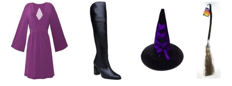 Vestido roxo por R$105,60 na Ateen | Bota cano longo por R$499 na Corello | Chapéu de bruxa por R$12,99 na 1001 festas | Vassoura de bruxa por R$14,90 na Abrakadabra