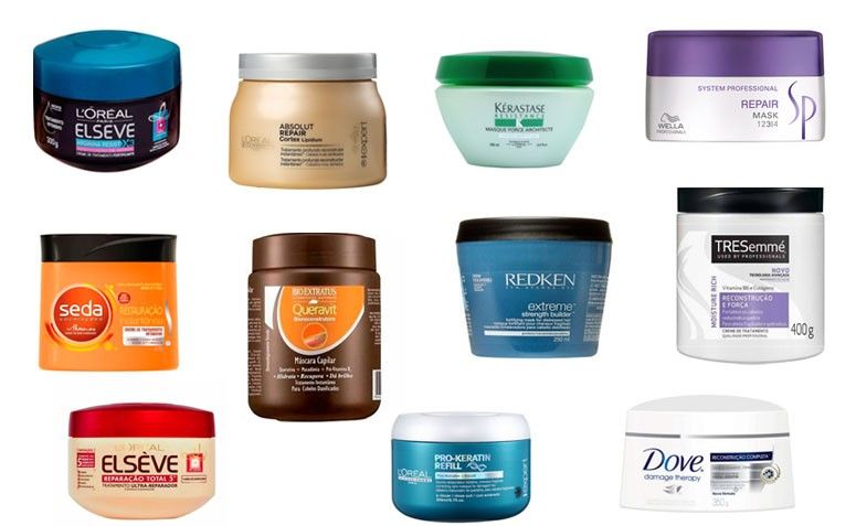 Onde encontrar: Elseve Arginina Restituição de Massa / L'Oréal Professionnel Absolut Repair / Kérastase Resistance / Wella Repair Mask / Seda Reconstrução Instantânea / Bio Extratus Queravit / Redken Extreme Strength Builder / Tresemmé Reconstrução e Força / Elseve Reparação Total 5 / L'Oréal Professionnel Pro-Keratin / Dove Reconstrução Completa 