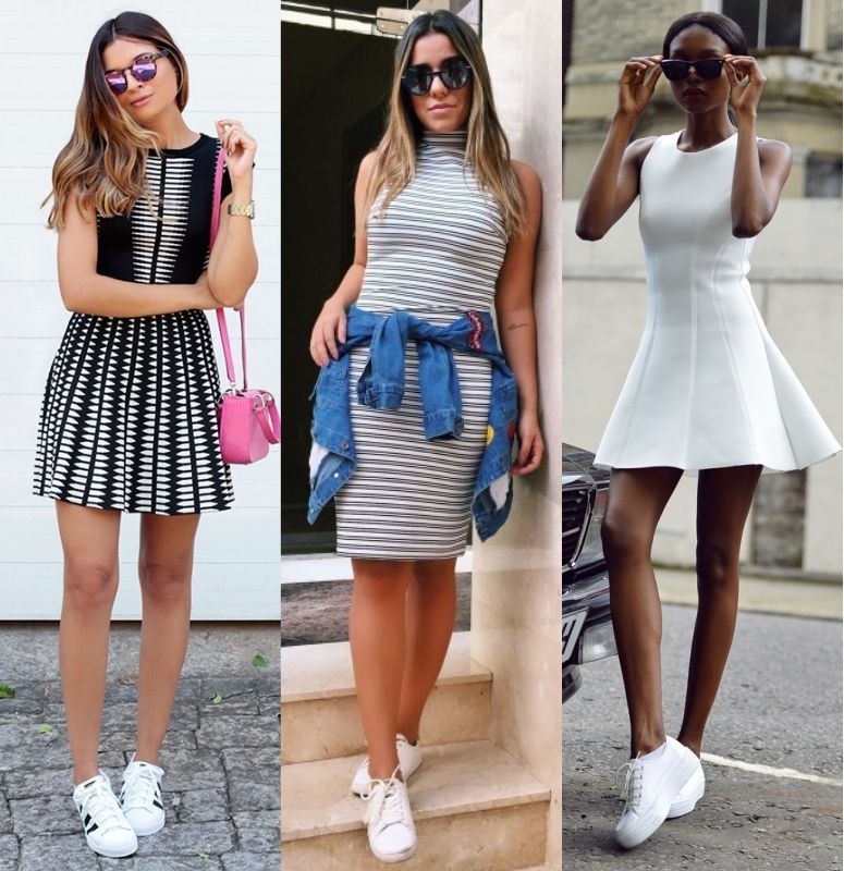 vestido colado com tenis branco