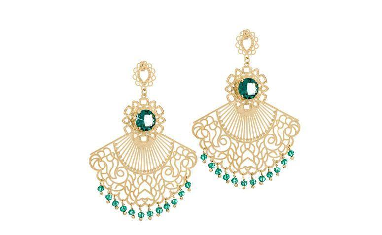 Maxi brincos com esmeralda por R$89,90 na <a href=" http://www.franciscajoias.com.br/maxi-brinco-estilo-leque-com-pedra-natural-verde-esmeralda-folheado-em-ouro-18k.html ">Francisca Jóias</a>