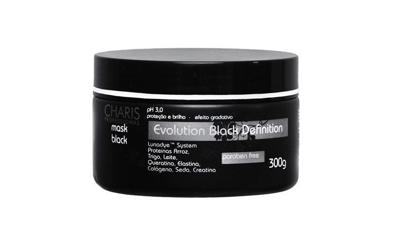 Evolution Black Definition Mask Black Charis por R$50,60 na <a href="http://www.epocacosmeticos.com.br/evolution-black-definition-mask-black-charis-mascara-para-cabelos-escuros/p" target="blank_">Época Cosméticos</a>