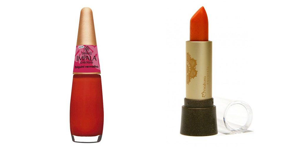 <p>Esmalte Biquini Vermelho da Impala – Por R$2,90 em Lojas de cosméticos e Farmácias.</p>
<p>Batom cintilante cor 06 da Natura Aquarela – Por R$14,90 em qualquer revendedora de produtos da Natura. </p>