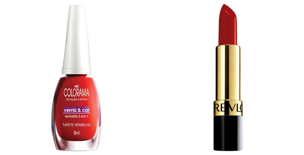<p>Esmalte Tapete Vermelho da Colorama – Por R$2,90 em Lojas de cosméticos e Farmácias.</p>
<p>Batom Super Lustruous cor Fire and Ice da Revlon – Por R$29,90 na Loja Magazine Luiza. </p>