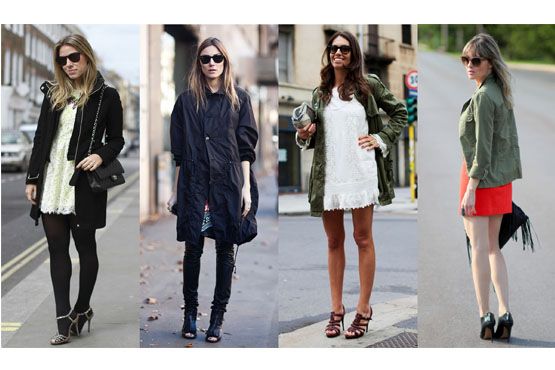 A combinação parca e vestido deixa o look mais despojado.