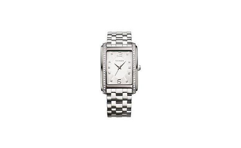 Relógio quadrado prata por R$460,90 na <a href="http://www.dumontonline.com.br/produto/4434-relogio-technos-2035ffk1k" target="_blank">Joalheria Dumont</a>