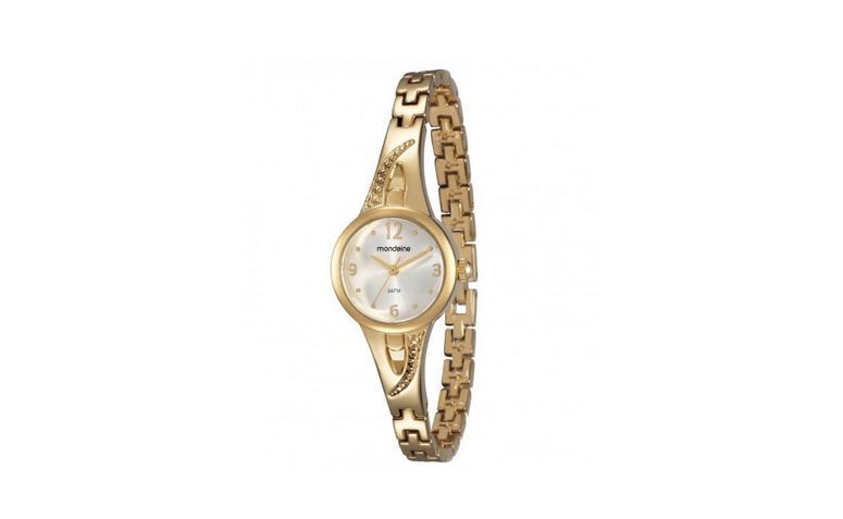 Relógio dourado com pulseira estreita R$129 na <a href="http://www.eclock.com.br/relogio-mondaine/feminino/94666lpmvdm1-mondaine" target="_blank">Eclock</a>