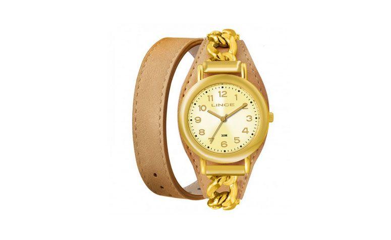 Relógio dourado com pulseira de couro dupla por R$129 na <a href="http://www.eclock.com.br/relogio-lince/feminino/relogio-lince-feminino-lrc4239l-c2tk" target="_blank">Eclock</a>