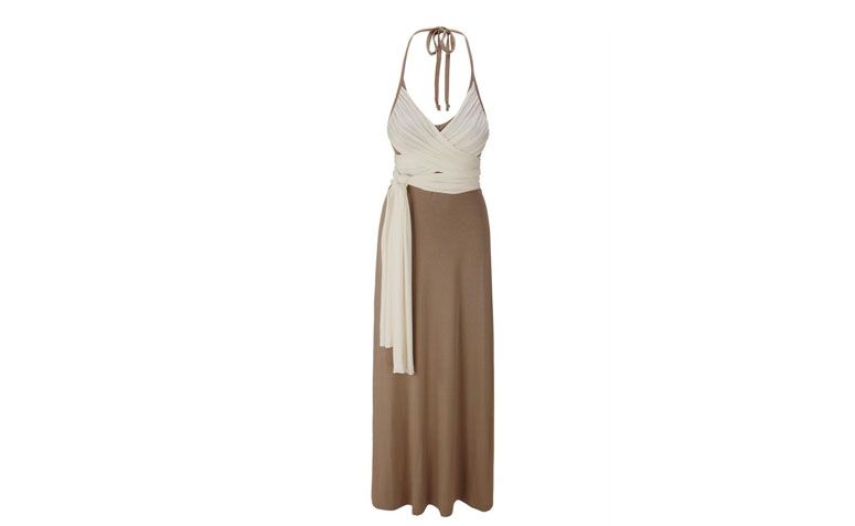 Vestido longo frente única bege por R$89 na <a href="http://goo.gl/BNOq6U" target="_blank">Posthaus</a>