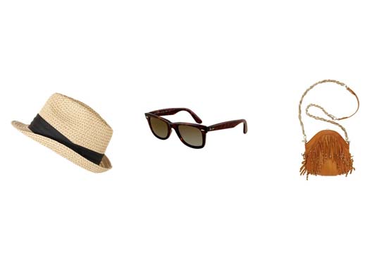 Acessórios que não podem faltar no seu look de festival incluem o chapéu, óculos e uma bolsa.