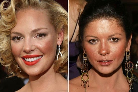 Na tentativa de um visual mais bronzeado, Katherine Heigl e Catherine Zeta-Jones pesaram a mão na maquiagem com efeito bronzeador e iluminador