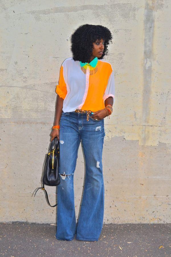 Foto: Reprodução / <a href="http://stylepantry.com/2012/06/06/oversize-color-block-shirt-bell-bottom-jeans/" target="_blank">Style Pantry</a>