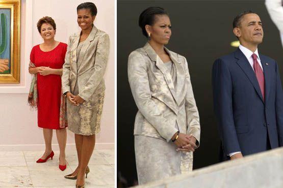 Para o encontro com a presidente Dilma Rousseff, vestido nos joelhos em tons nude e um blazer