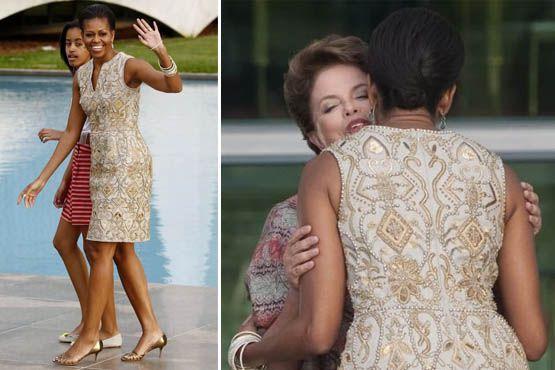 O look escolhido ao deixar Brasília foi um tubinho claro, em tom de dourado, com bordados brilhantes