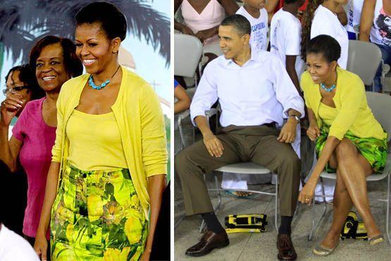 Para visitar a Cidade de Deus na manhã de domingo, a escolha foi saia estampada verde com conjunto de blusa e casaquinho em amarelo