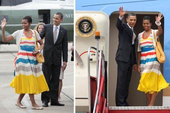Para a despedida na segunda-feira (21), Michelle escolheu um vestido com listras coloridas