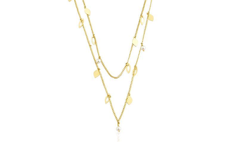 Colar duplo banhado a ouro por R$110,00 na <a href="http://www.toquedejoia.com/produto/01CO0255000/colar-semijoia-duplo-folhas-com-perolas" target="blank_">Toque de Joia</a>