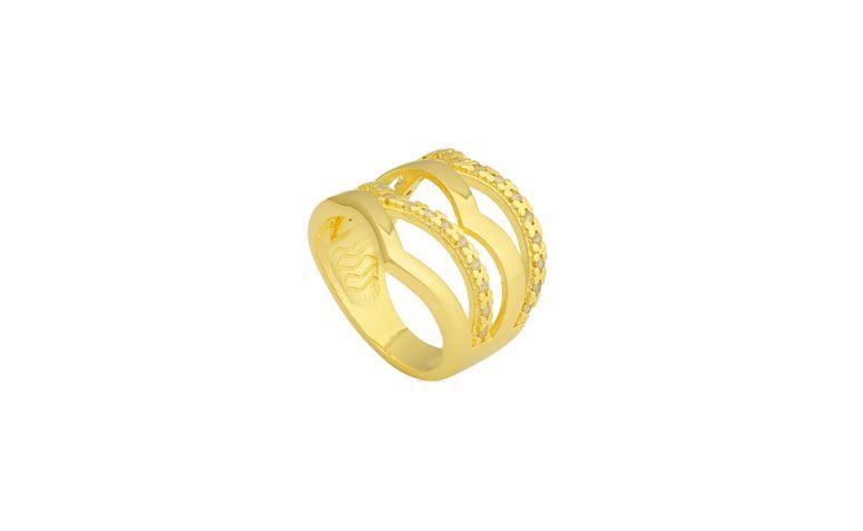 Anel folheado a ouro cravejado com zircônias por R$129,90 na <a href="http://www.riverajoias.com.br/produto.php?produto=1326-anel-cravejado-com-zirconias-semi-joia" target="blank_">Rivera Joias</a>