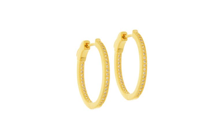 Brinco argola cravejado com zircônias por R$99,90 na <a href="http://www.riverajoias.com.br/produto.php?produto=1323-brinco-argola-cravejada-com-zirconias-semi-joia" target="blank_">Rivera Joias</a>