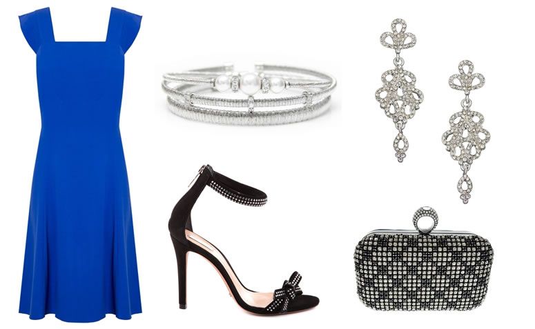 Vestido por R$239,40 na Capitollium | Sandália por R$195 na Schutz | Bracelete por R$465 na Rosa Leal | Brinco por R$89 na Accessorize | Clutch por R$196 na Chá de Mulher