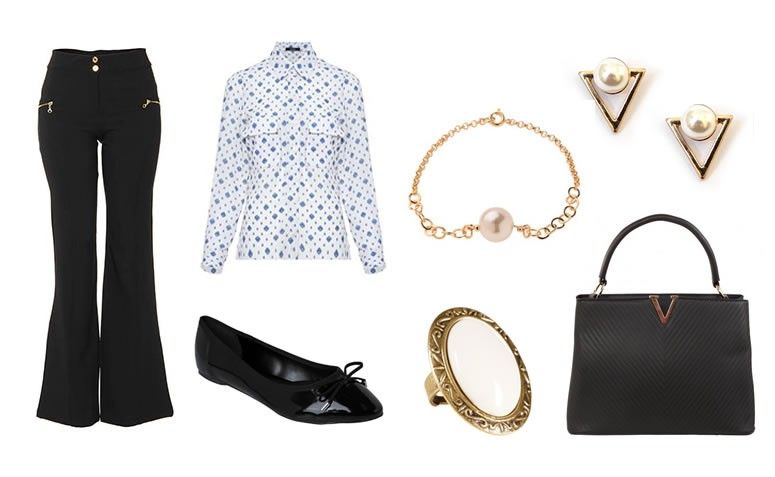 Brinco por R$49 na Accessorize | Camisa por R$219,90 na Amissima | Calça por R$119 na Passarela | Sapatilha por R$104,99 na Dafiti | Anel marfim por R$34 na Amo Muito | Pulseira por R$29,90 na My Gloss | Bolsa por R$139,90 na Olha Pra Ela