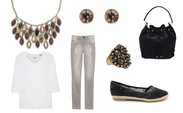 Mini brinco por R$19 na My Gloss Acessórios | Maxicolar por R$129 na Accessorize | T-shirt por R$99,90 na Oqvestir | Calça por R$60 na OQ Vestir | Espadrille por R$79,90 na Zariff | Anel por R$32 na Amo Muito | Bolsa por R$169,90 na Olha Pra Ela