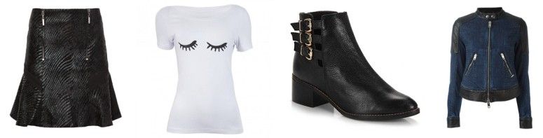 Saia or R$197 na Oqvestir | T-shirt por R$70,50 na Amo Muito | Ankle boot por R$149,99 na Passarela | Jaqueta por R$4060 na Farfetch 