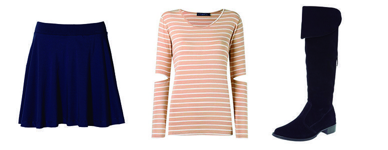 Saia por R$49,90 na BonPrix | Blusa por R$172,00 na Farfetch | Bota por R$188,99 na Dafiti