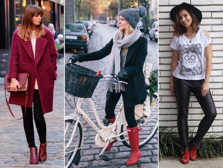 bota vermelha com calça jeans