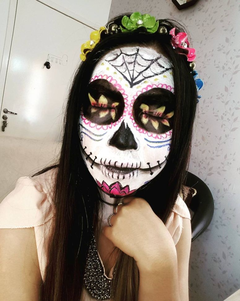 Maquiagem Caveira Mexicana - Half Face Skull Makeup Tutorial - Halloween  2020 - Carla M. 