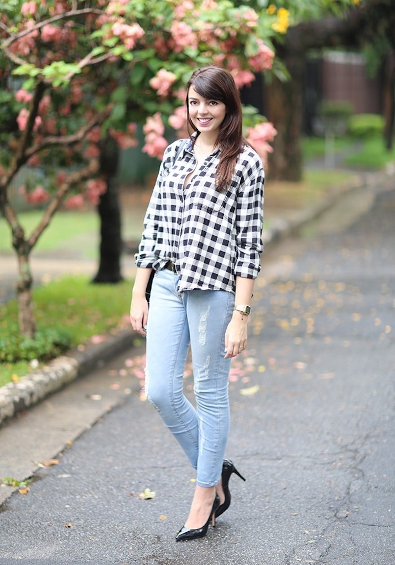 blusa xadrez feminina com calça jeans