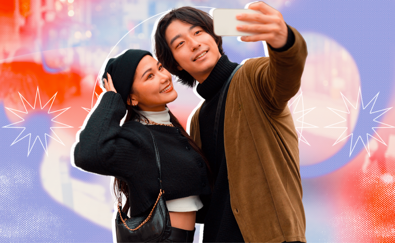selfie de namorados asiáticos, pronta para receber uma legenda para foto com namorado