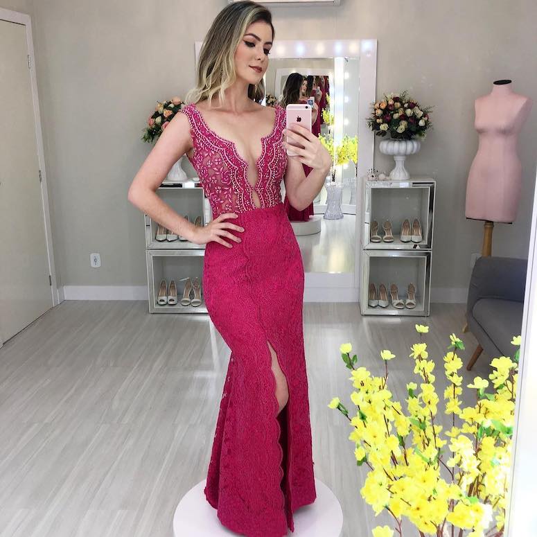 vestido de madrinha rose com renda