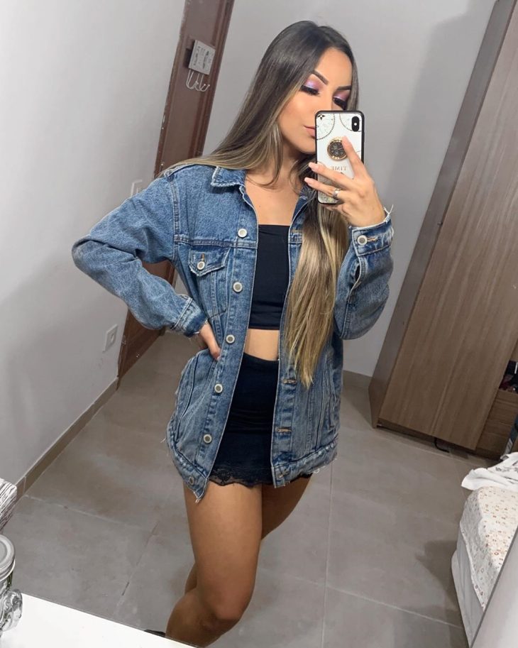jaqueta jeans comprida feminina