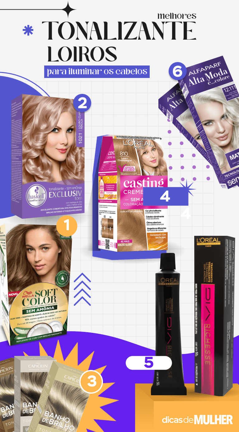 1. Tonalizante Louro Acinzentado Soft Color – Wella, na Droga Raia
2. Tonalizante Haskell Louro Claríssimo Pérola – 1021, na Drogaria Minas Brasil
3. Tonalizante Banho de Brilho Loiro Dourado 100g Capicilin, na Loja Capicilin
4. Casting Creme Gloss 700 Louro Natural – L’Oréal, na Época Cosméticos
5. Tonalizante L’Oréal Diarichesse 50g – 8.02 Mel Dourado, na Beleza na Web
6. Tonalizante Alfaparf Alta Moda 921 Loiro Claríssimo Irise, na Americanas