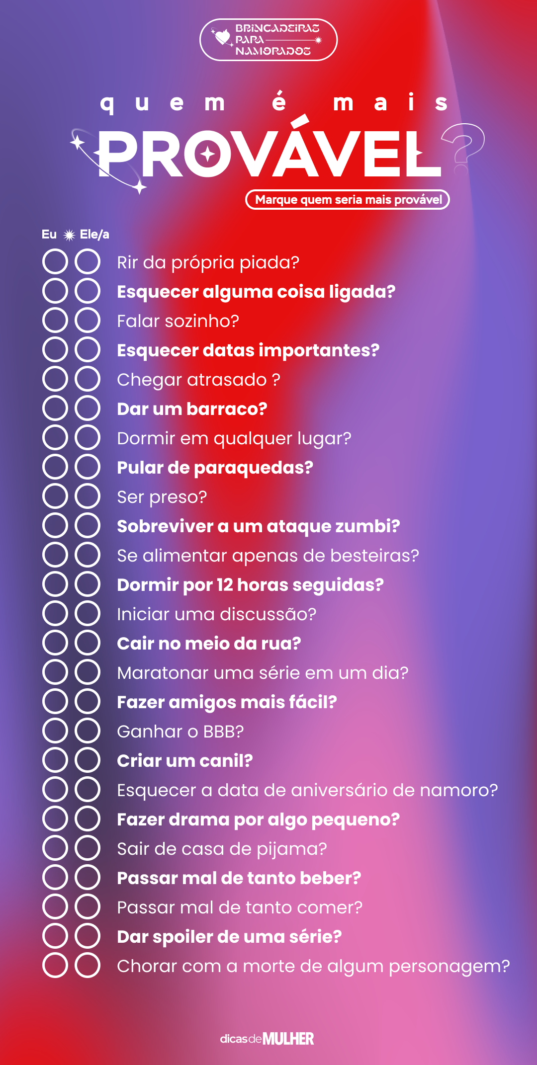 20 PERGUNTAS para fazer ao NAMORADO/A