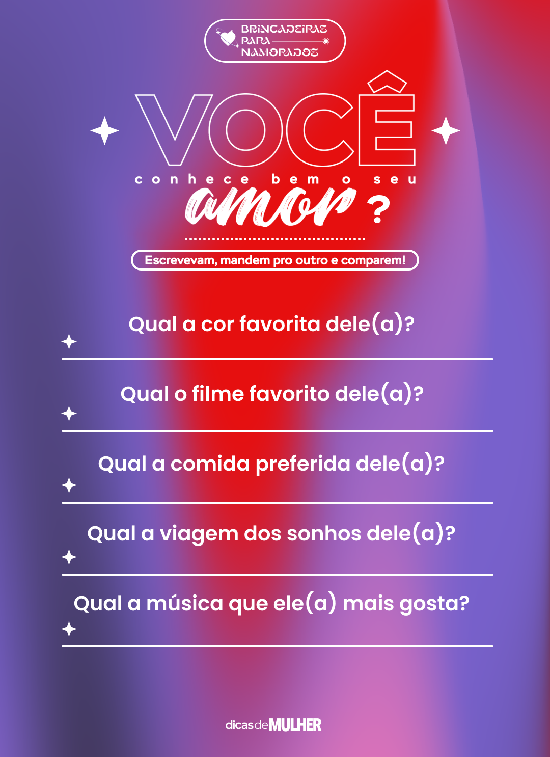 quiz stories instagram  Perguntas para namorado, Brincadeiras de namorados,  Perguntas para casais