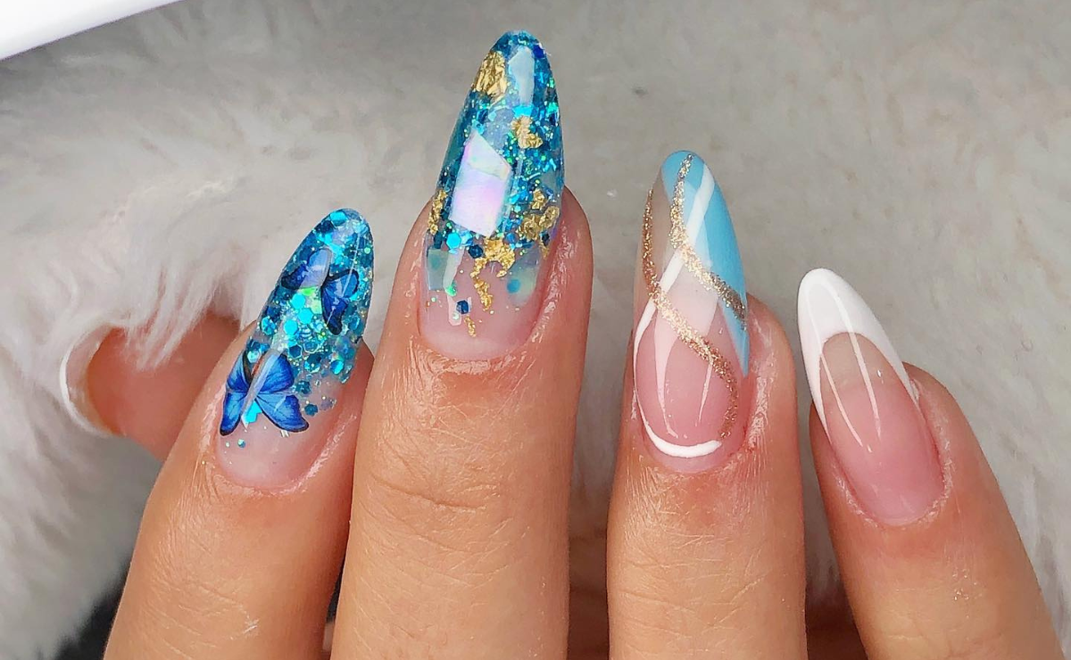 55 inspirações de unha em gel azul:  entre borboletas, ondas  e alegrias