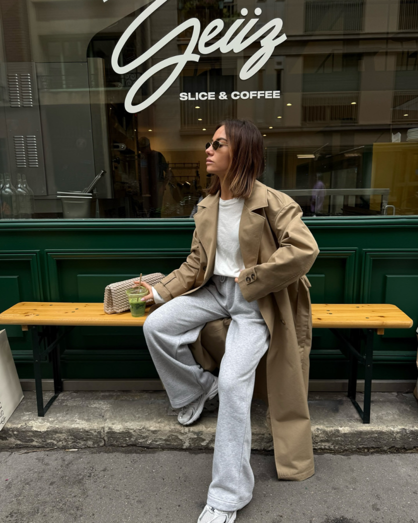 Look comfy chic em tons neutros, transmitindo leveza e bem-estar.